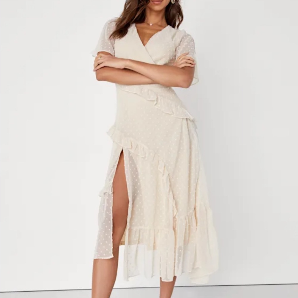 Lulus Next to You Cream Swiss Dot Ruffled Midi Dress